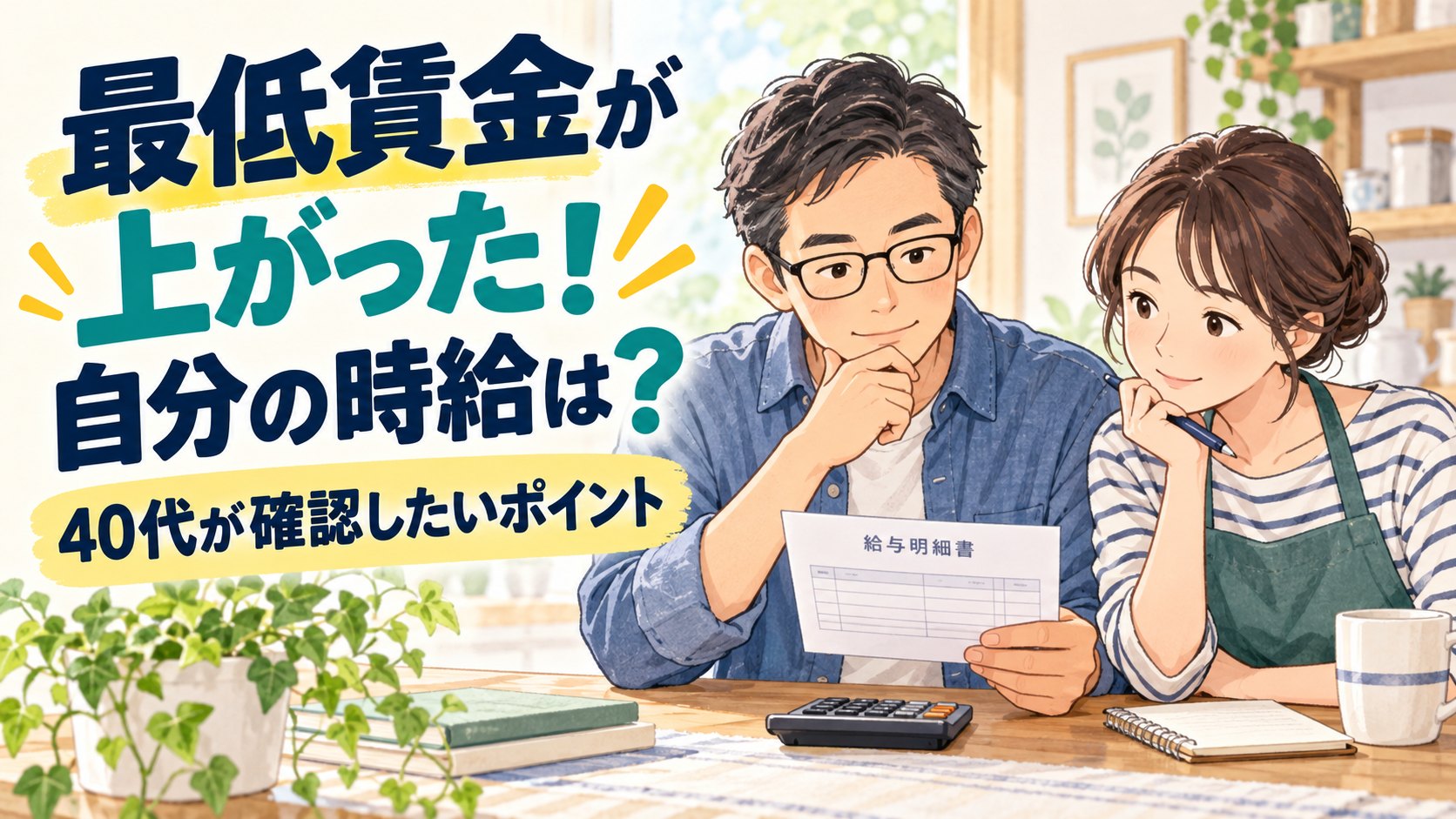 最低賃金が上がったとき自分の時給はどうなるか、給与明細を見ながら考える40代の男女のイラスト