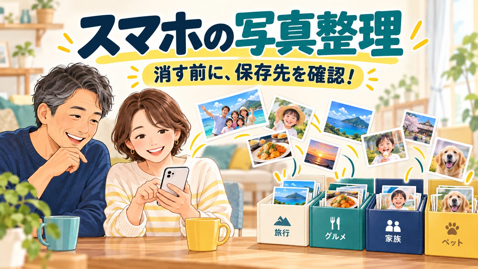 スマホで家族写真を見ながら整理する40代の夫婦のイメージ